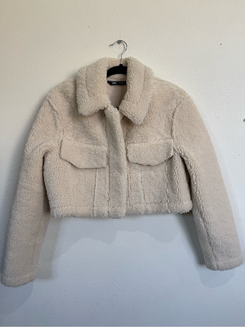 Zara Ivory Teddy Sherpa Cropped Trucker Jacket Quiet Luxury Cozy Winter Sz Small - Picture 2 of 10